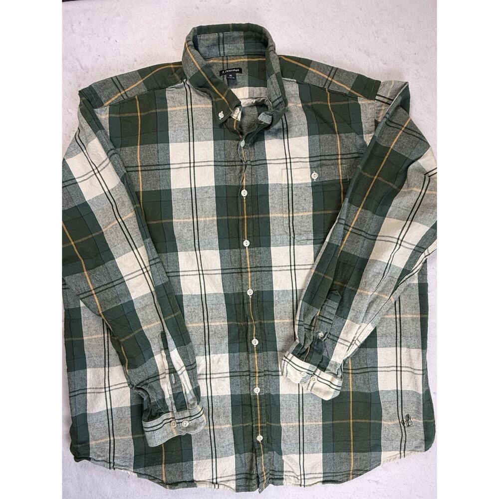 J Peterman Flannel Shirt XL green cream plaid Grandpacore Classic Outdoor